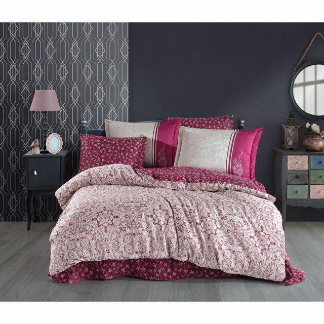 Lenjerie pat rosu claret/crem din bumbac Leona Double The Home Collection