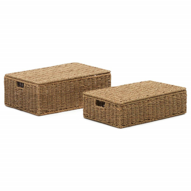 Set 2 cutii cu capac maro din fibre naturale si metal Tossa Kave Home