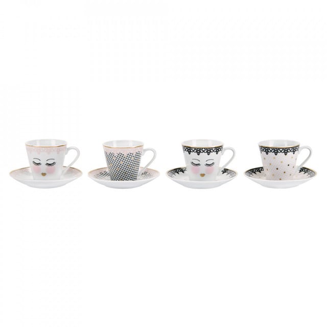 Set 4 cesti cu farfurioare multicolore din ceramica 7x8 cm Lace Espresso Miss Etoile