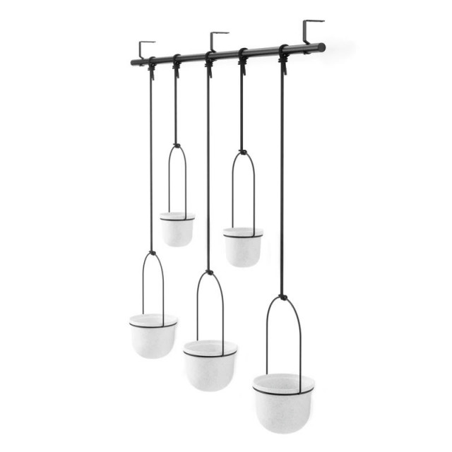 Set 5 ghivece suspendabile cu suport alb/negru din metal Triflora Large Umbra