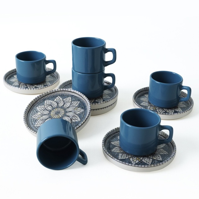 Set 6 cesti cu farfurioara gri/albastre din ceramica 184 ml Nova The Home Collection