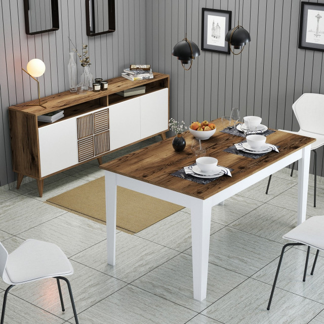 Set bufet inferior si masa dining alb/maro din lemn Milan The Home Collection