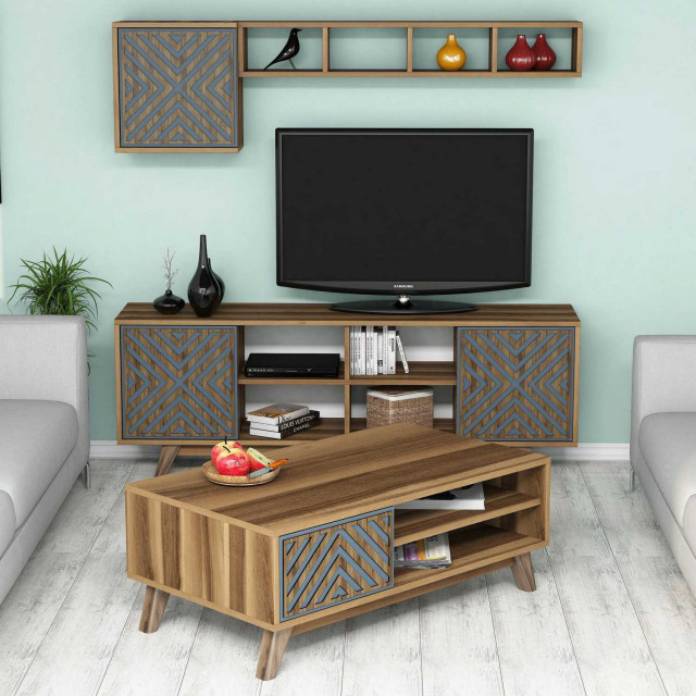 Set comoda TV, 2 rafturi si masa de cafea albastru/maro din lemn Inci The Home Collection