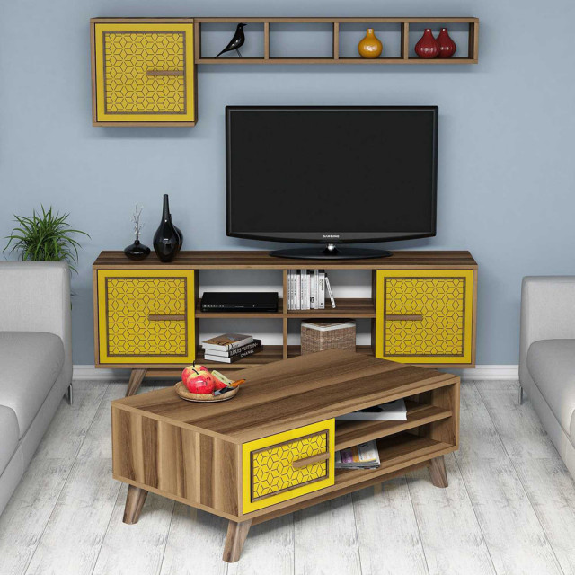 Set comoda TV, raft, dulap si masa de cafea maro/galben din lemn Ayla The Home Collection