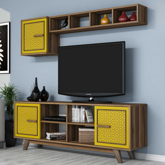 Set comoda TV, raft si dulap maro/galben din lemn Ayla The Home Collection