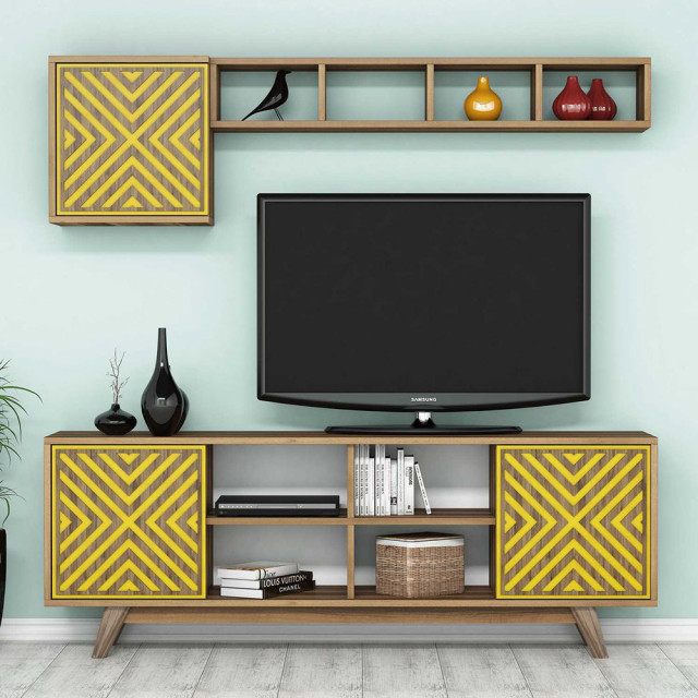 Set comoda TV, raft si dulap maro/galben din lemn Inci The Home Collection