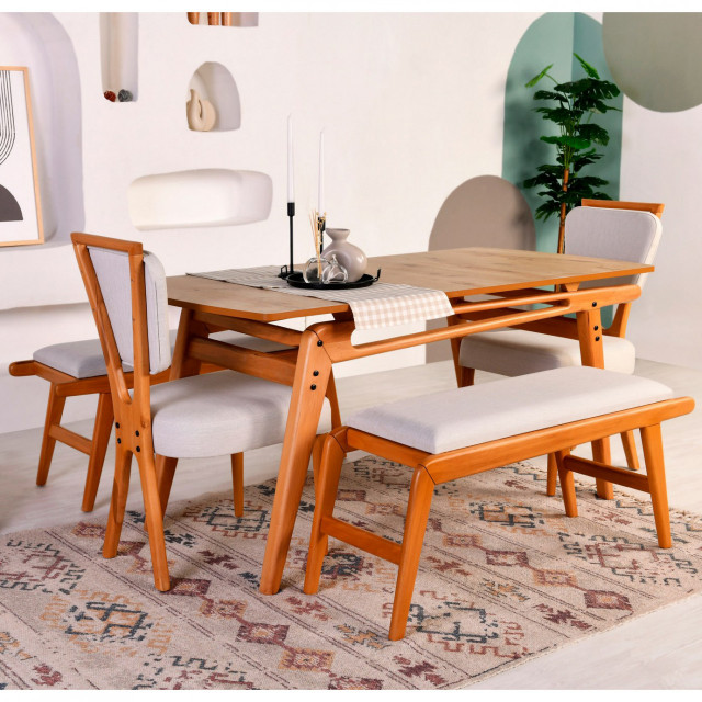 Set masa dining cu 2 banchete si 2 scaune maro/crem din lemn Palace The Home Collection