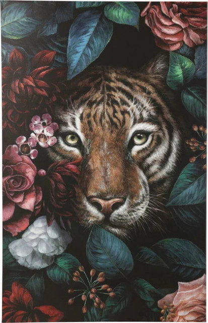 Tablou multicolor din lemn de brad si canvas 90x140 cm Tiger Kare