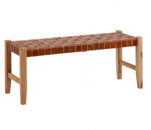 Bancheta maro din lemn de tec si piele 120 cm Calixta Kave Home