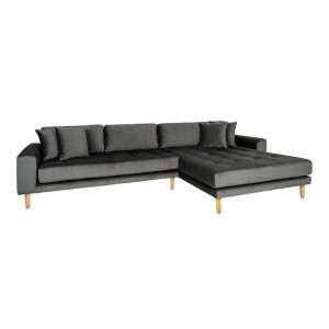 Canapea cu colt gri inchis din catifea si lemn 290 cm Lido Right House Nordic