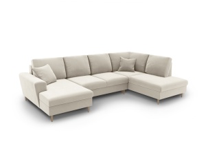 Canapea extensibila cu colt bej deshis din catifea pentru 7 persoane Kyoto Brown Right Cosmopolitan Design