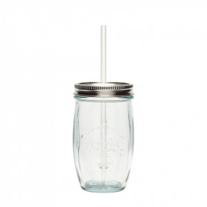 Pahar cu capac si pai transparent din sticla 9x15 cm Slurp Hubsch