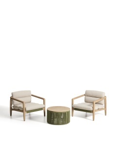 Set 2 fotolii si masa de cafea exterior bej/verde din lemn Menfi Kave Home