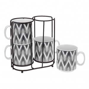 Set 4 cani albe/negre cu suport din portelan si metal 8x10,5 cm Zigzag Black Versa Home