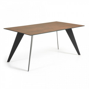 Masa sticla si portelan maro cu picioare metal negru 160x90 cm Koda Kave Home
