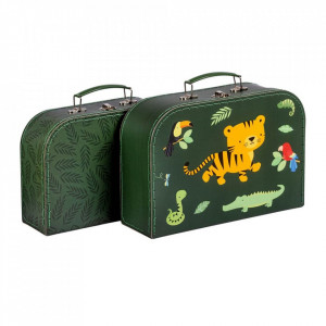 Set 2 cutii tip valiza multicolore din carton si metal Jungle Tiger A Little Lovely Company