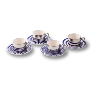Set 4 cesti cu farfurioare albastre din ceramica 90 ml Aunty Pols Potten