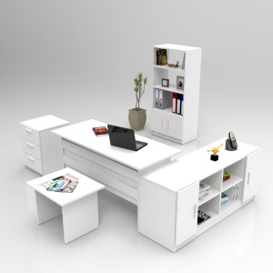 Set birou, masa de cafea, bufet inferior, noptiera si etajera albe Ovy The Home Collection