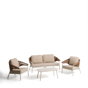 Set canapea, 2 fotolii si masa de cafea exterior alb antic/bej din metal Zuara Kave Home