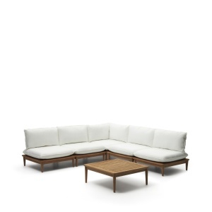 Set canapea exterior modulara cu colt si masa de cafea alb/maro din lemn Portitxol Five Kave Home