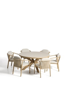 Set masa dining si 6 scaune exterior ecru din metal Mirtia Round Kave Home