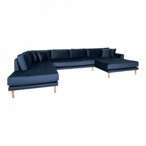 Canapea cu colt albastra din catifea si lemn 370 cm Lido Left U House Nordic