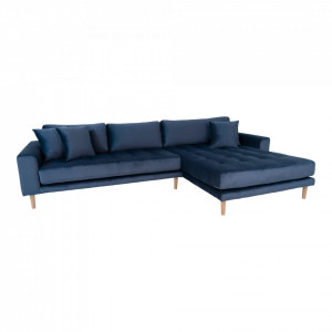 Canapea cu colt albastru inchis din catifea si lemn 290 cm Lido Right House Nordic