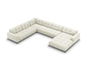 Canapea cu colt bej deschis/neagra din catifea pentru 7 persoane Mamaia U Left Micadoni