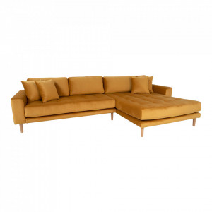 Canapea cu colt galben mustar din catifea si lemn 290 cm Lido Right House Nordic