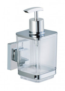 Dispenser sapun lichid argintiu/transparent din inox si plastic pentru perete 330 ml Vacuum-Loc Quadro Wenko