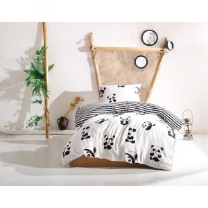 Lenjerie pat neagra/alba din bumbac Panda Single The Home Collection