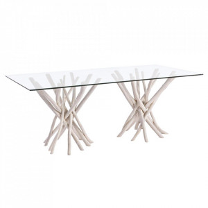 Masa dining transparenta/crem din sticla si lemn 100x200 cm Sahel Bizzotto