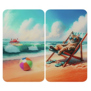 Set 2 placi protectie plita multicolore din sticla 30x52 cm Cat on the beach Wenko