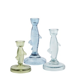 Set 3 suporturi lumanari albastru/verde din sticla Fish Madam Stoltz