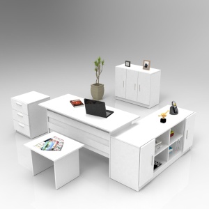 Set birou, masa de cafea, comoda, noptiera si bufet inferior albe Ovy The Home Collection