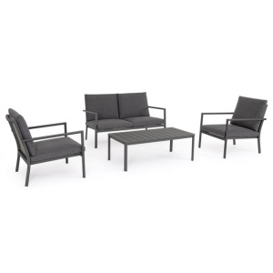 Set canapea exterior cu 2 fotolii si masa de cafea gri antracit din metal Konnor Bizzotto