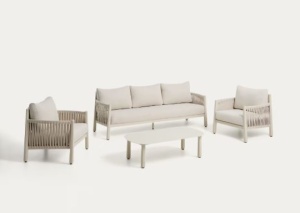 Set canapea, masa cafea si 2 fotolii ecru din metal Aleria Kave Home