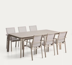 Set masa si 6 scaune exterior grej din metal Brela Canea Kave Home