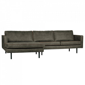 Canapea cu colt verde army din piele 300 cm Rodeo Left Woood