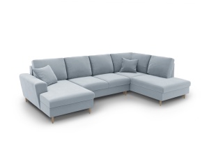 Canapea extensibila cu colt albastru deschis din catifea pentru 7 persoane Kyoto Brown Right Cosmopolitan Design