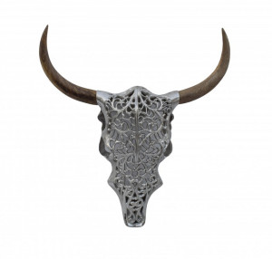 Decoratiune de perete argintie/maro din metal si lemn 51x57 cm Skull Exotic Bull The Home Collection