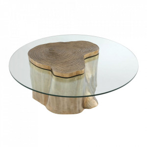 Masa de cafea transparenta/maro alama din lemn si sticla 120 cm Urban Eichholtz