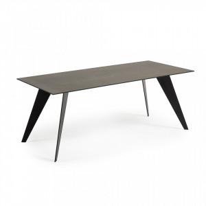 Masa sticla si portelan gri cu picioare metal negru 200x100 cm Koda Kave Home