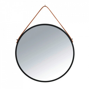 Oglinda rotunda neagra/maro din fier si piele 40 cm Borrone Wenko