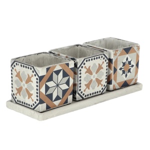 Set 3 ghivece multicolore cu farfurioara din ciment 13x36 cm Portuguese Esschert Design