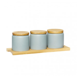 Set 3 recipiente cu capac si suport din ceramica si lemn Martin Hubsch