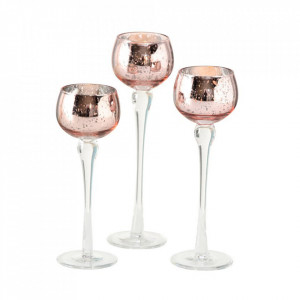 Set 3 suporturi lumanare roz/argintii din sticla Mavia Boltze