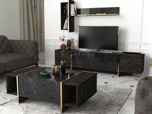 Set comoda TV, etajera, raft si masa de cafea aurie/neagra Veyron The Home Collection