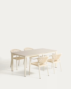 Set masa dining si 4 scaune exterior ecru din metal Anafi Kave Home