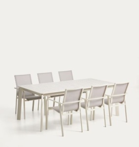 Set masa si 6 scaune exterior ecru din metal Brela Canea Kave Home